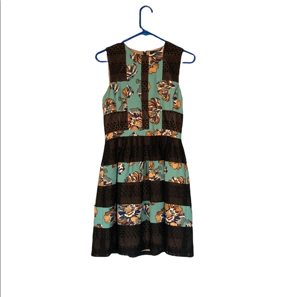 BCBGMAXAZRIA turquoise blue and black lace Cecile floral sleeveless dress